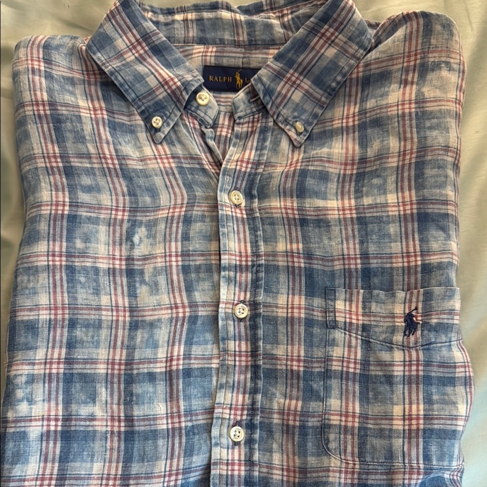 Ralph Lauren 100% Linen Short Sleeve Button Down - Sunwashed Plaid - XL